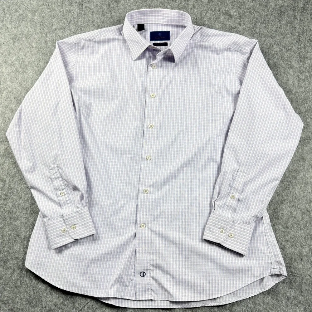 David Donahue Mens 18 34/35 Blue‎ Gold Plaid Performance Trim Fit Dress Shirt